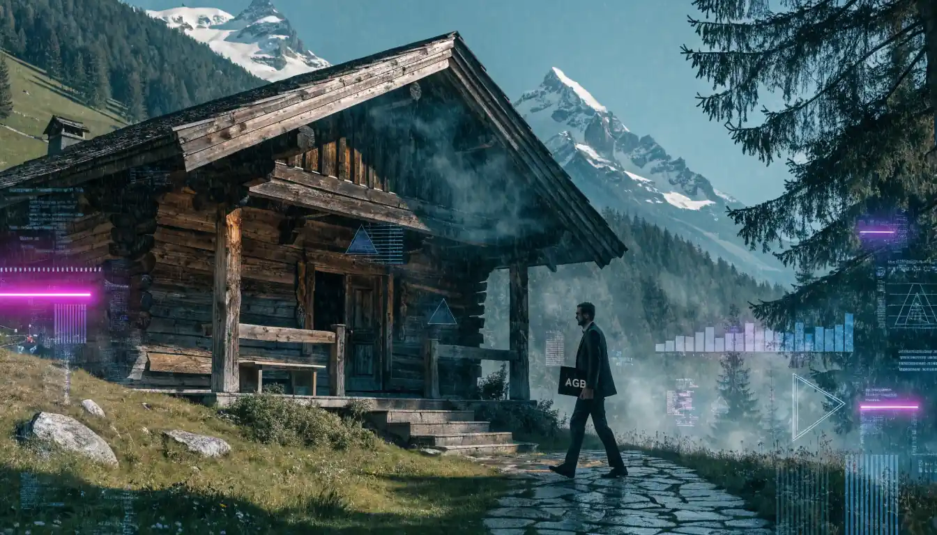 Schweizer Chalet im Sonnenlicht, Geschäftsunterlagen in der Hand