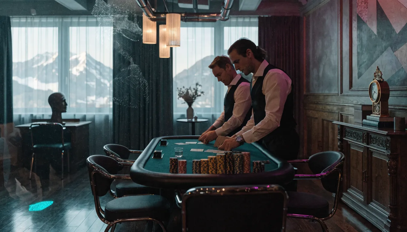 Live-Casino Innenraum mit Alpenblick und eleganten Tischen