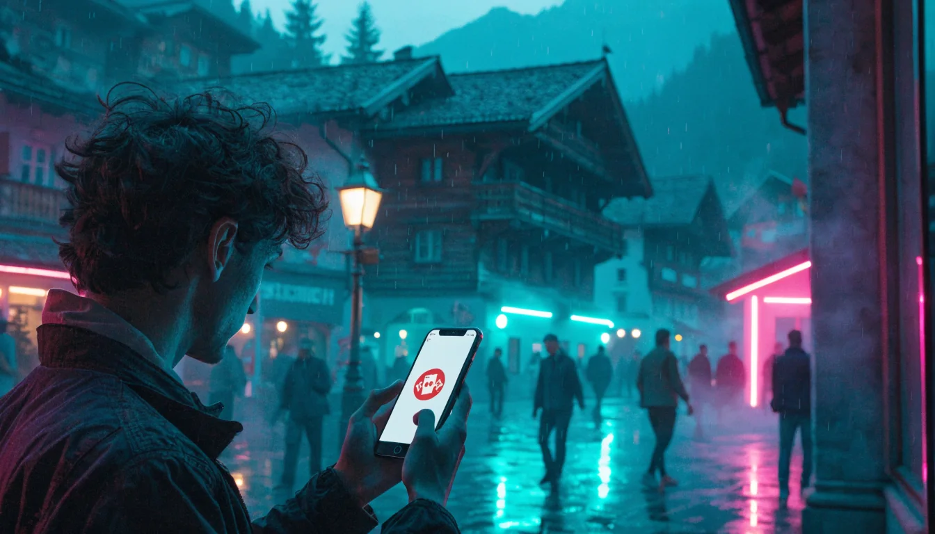 Junger Erwachsener mit Smartphone in Schweizer Alpenstadt bei Dämmerlicht