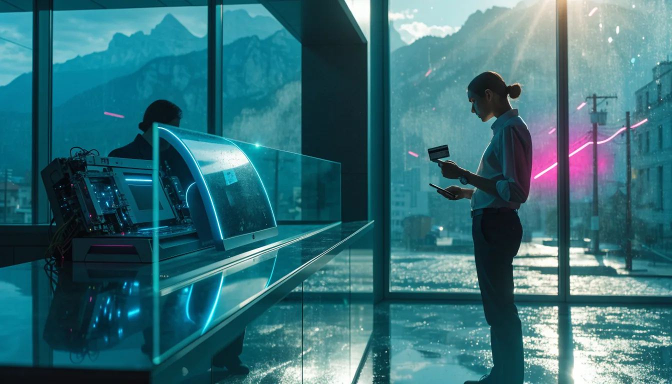 Moderne Schweizer Bank, Kunde mit Karte, Alpenblick im Hintergrund