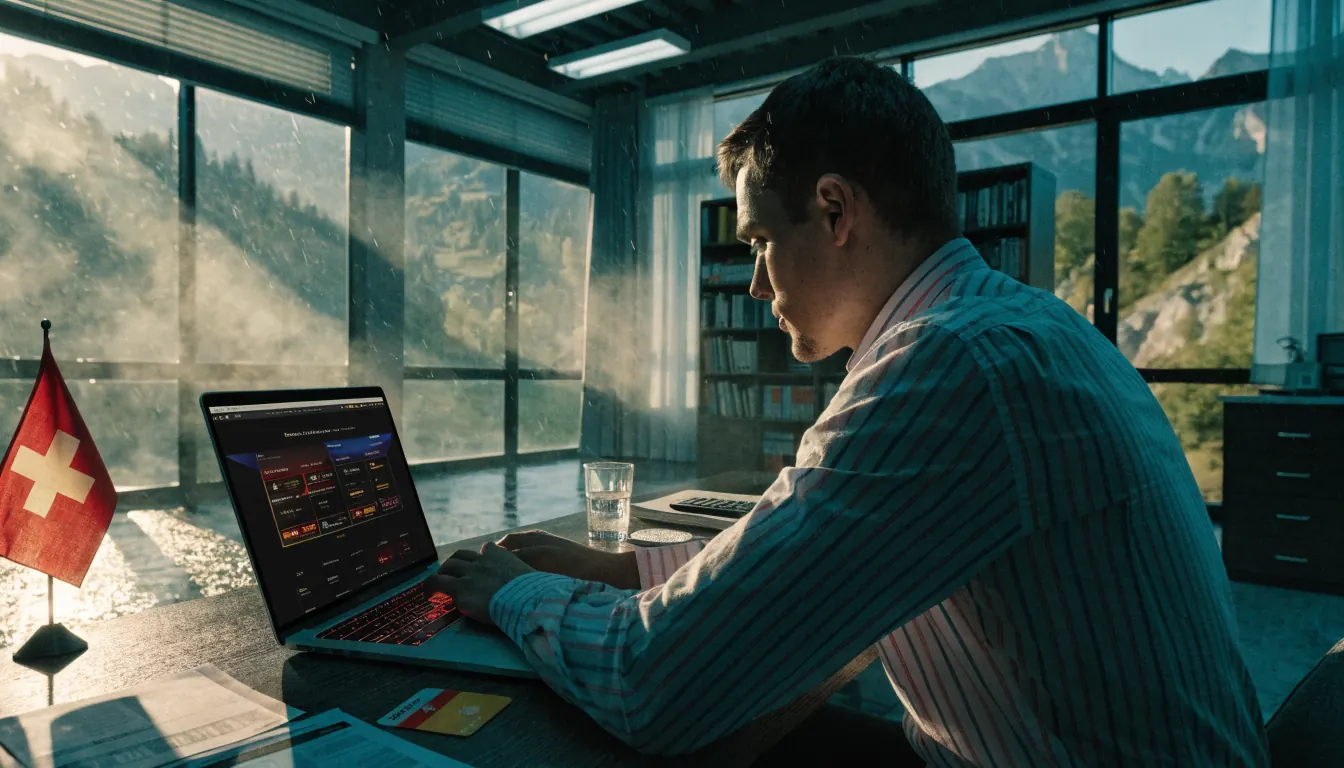 Kunde bei PostFinance‑Zahlung im Online‑Casino, Schweizer Flagge, Laptop