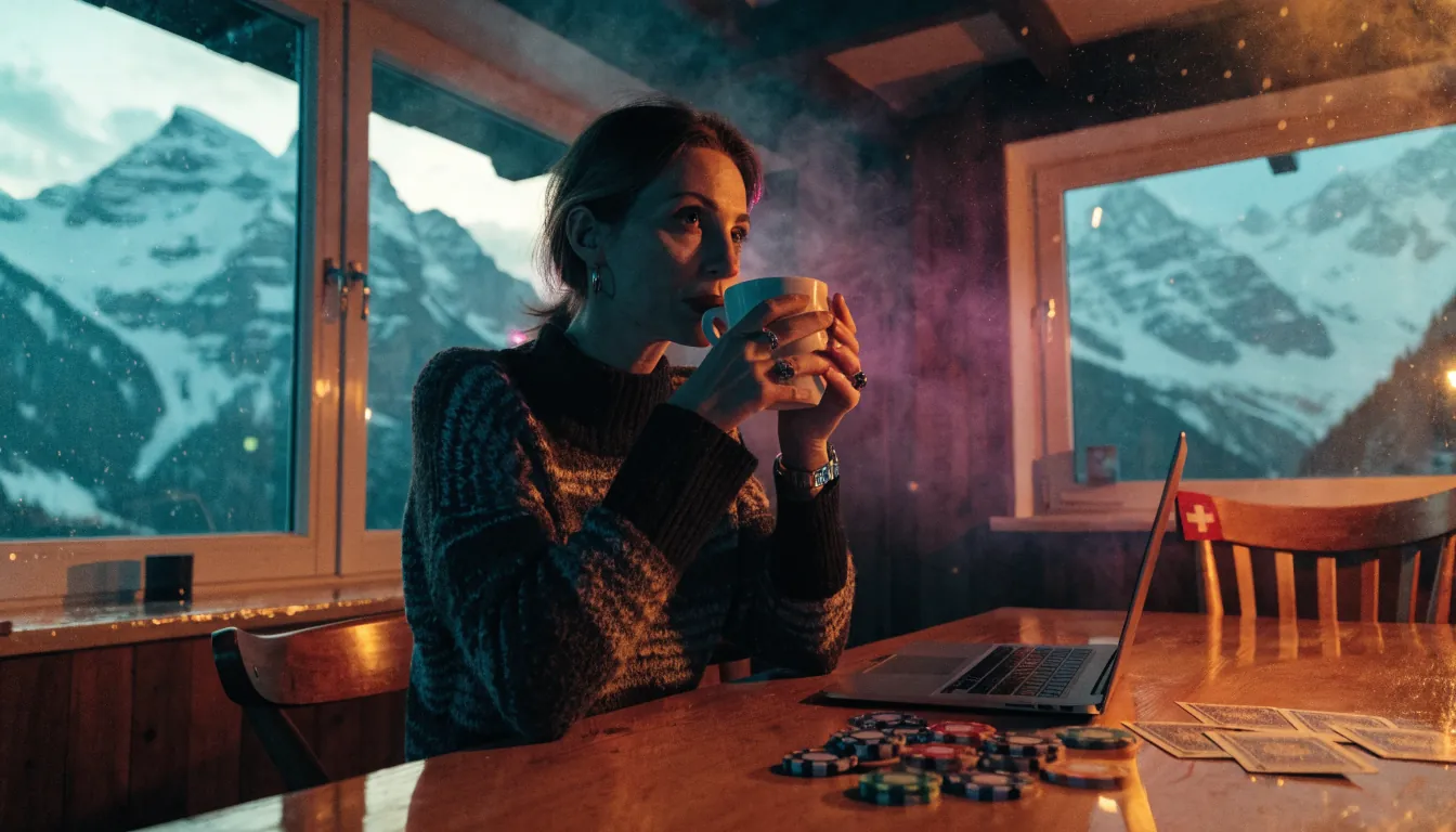 Gemütliche Alpinhütte mit Casino‑Chips und Laptop bei Abendlicht