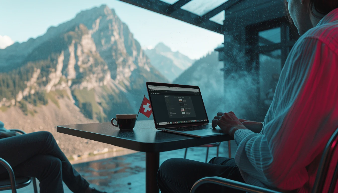 Schweizer Café Terrasse mit Laptop und Alpen im Hintergrund
