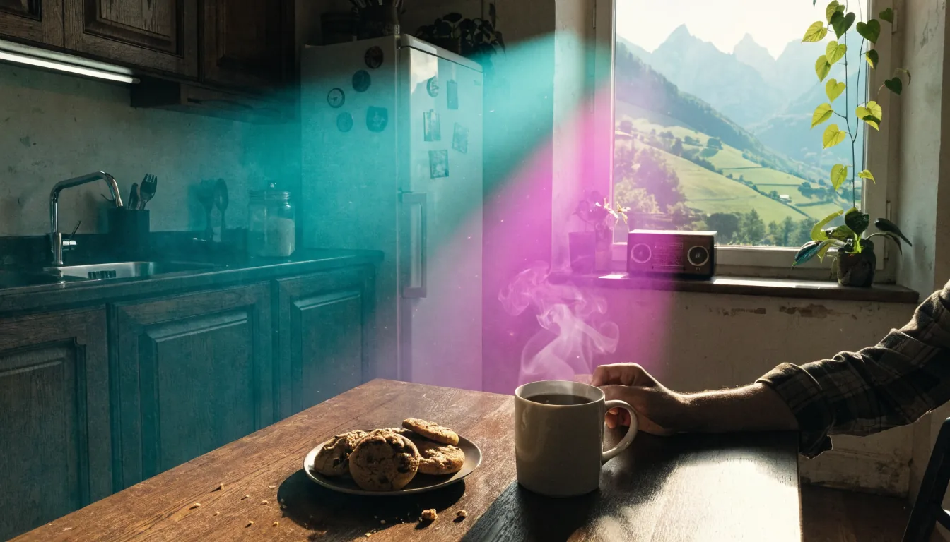 Schweizer Küche mit Kaffee und Keksen im Tageslicht