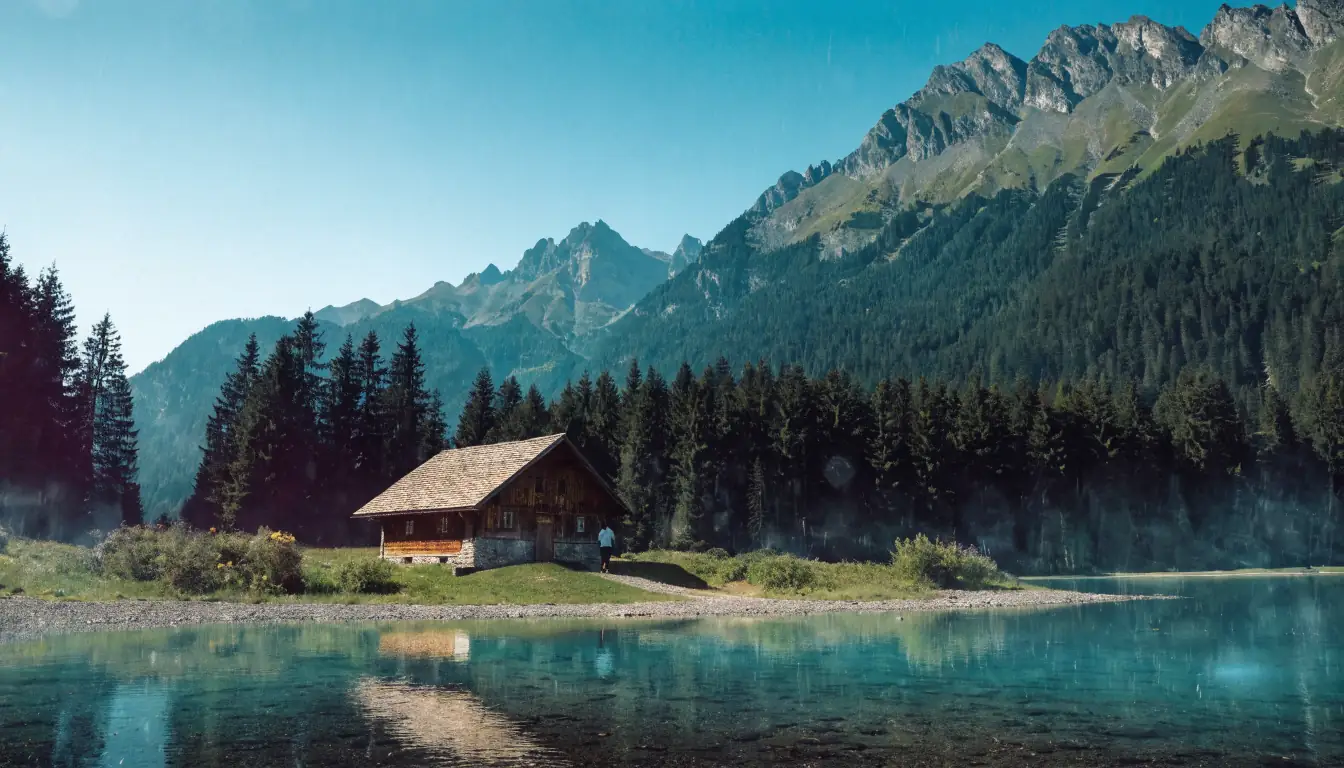 Alpiner See mit Chalet im hellen Tageslicht