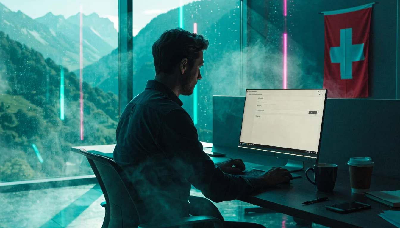 Modernes Schweizer Büro mit Laptop, Flagge und Bergblick