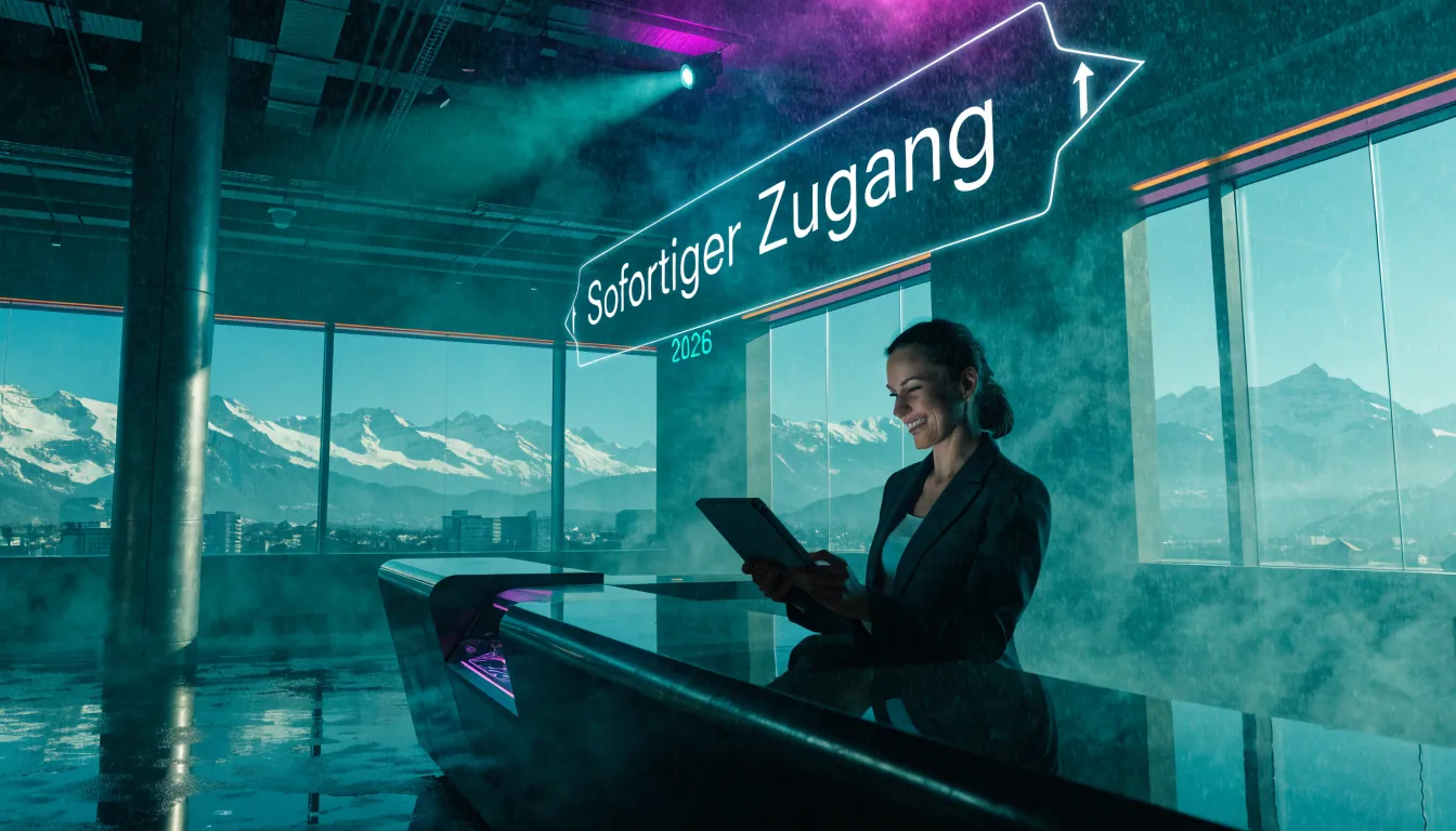 Modernes Schweizer Casino-Lobby mit sofortigem Zugang Schild und Alpenblick