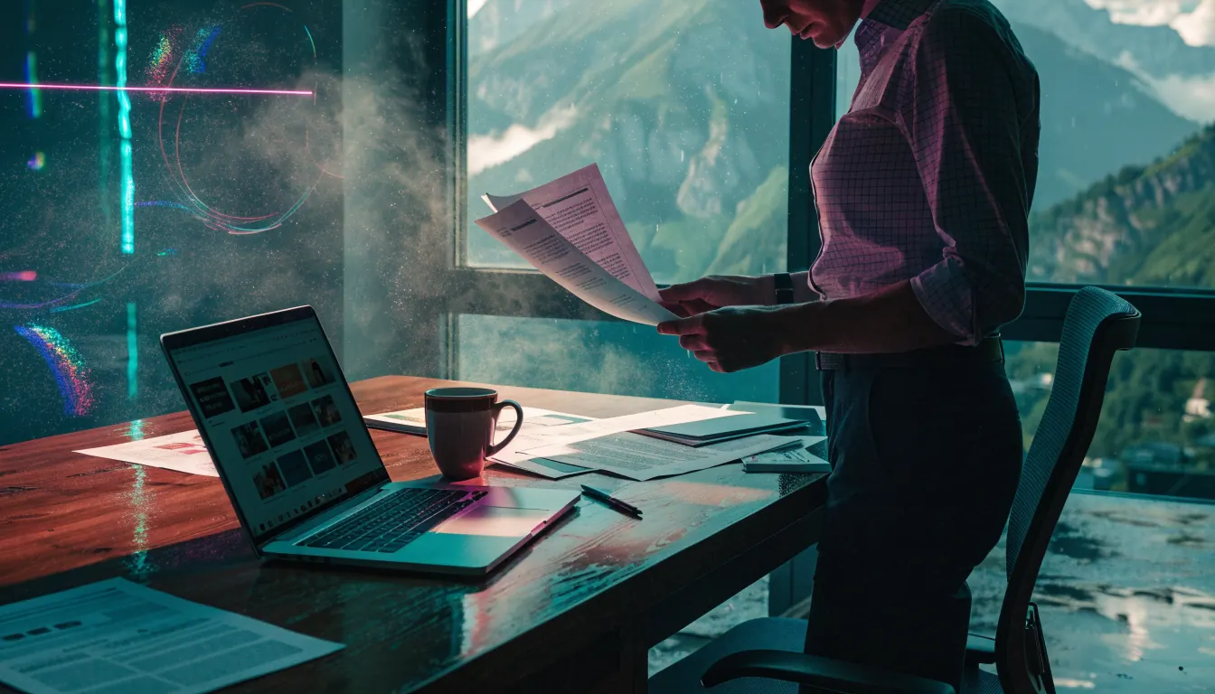 Schweizer Redaktionsbüro mit Bergblick, Laptop, Kaffee und Unterlagen.